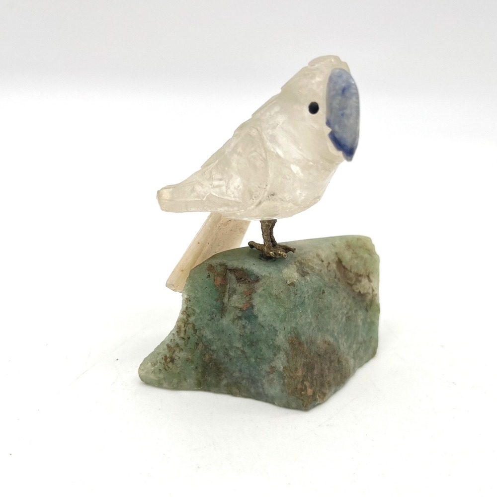 Hand Carved Clear Quartz Bird Figurine on Green Aventurine Base Blue Beak 2.75in